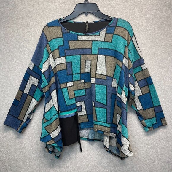 IC By Connie K Top Womens Large‎ Blue Abstract Art Colorblock Long Sleeve - Picture 2 of 14